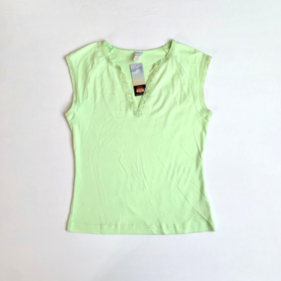 2000s Y2K Green Lace Trim Cap Sleeve Fairy Grunge Cyber Goth Tee 100% Cotton M - Picture 1 of 6